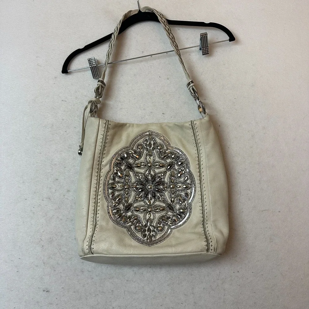 Brighton Cream Leather Beaded Medallion Hobo Shoulder‎ Bag Ivory Silver Heart